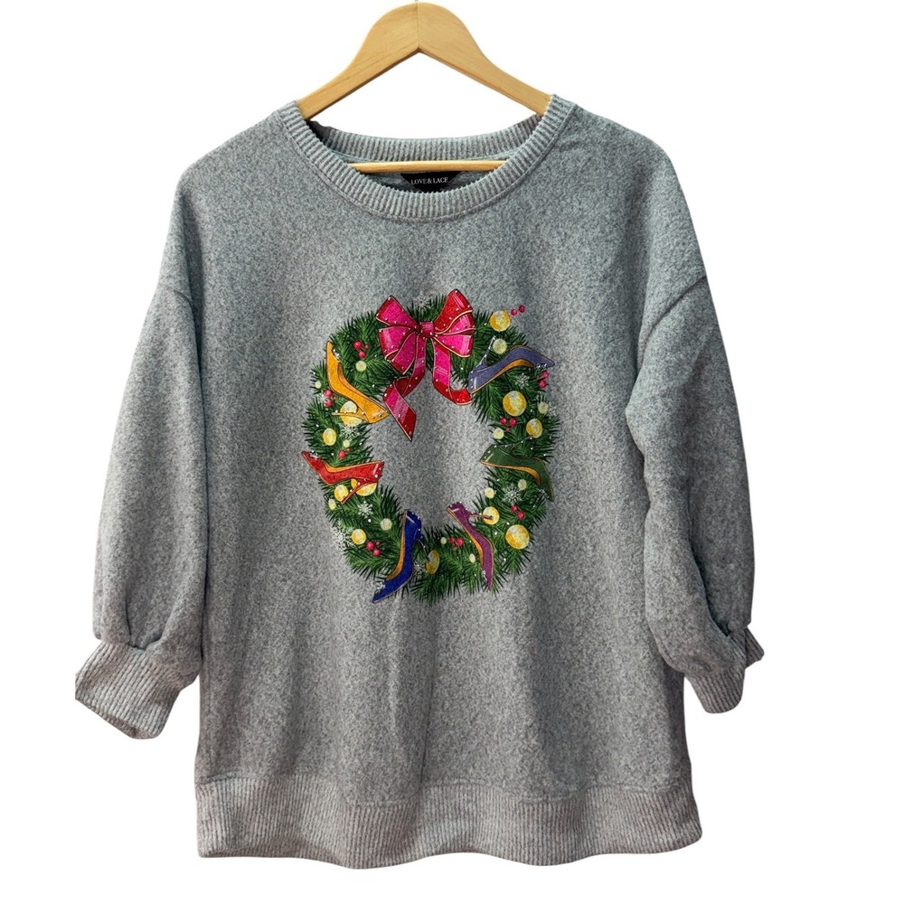 Love & Lace Christmas Sweater Women's L Gray Wreath High Heels Holiday Whimsical